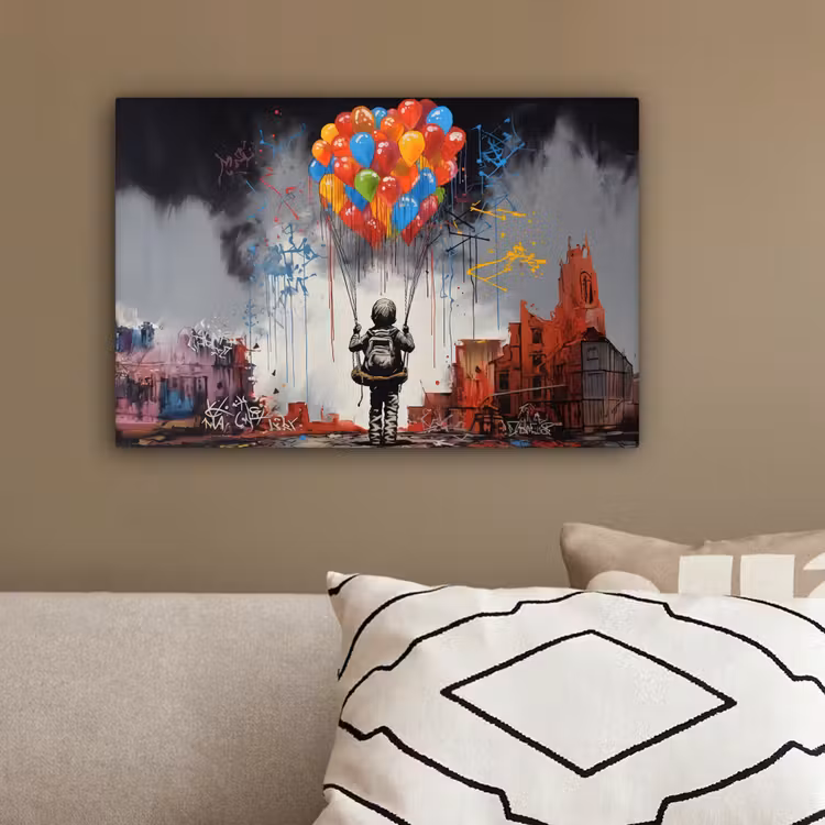 Jongen - Ballonnen - Gebouwen - Kunst canvas 2cm klein -sfeer3