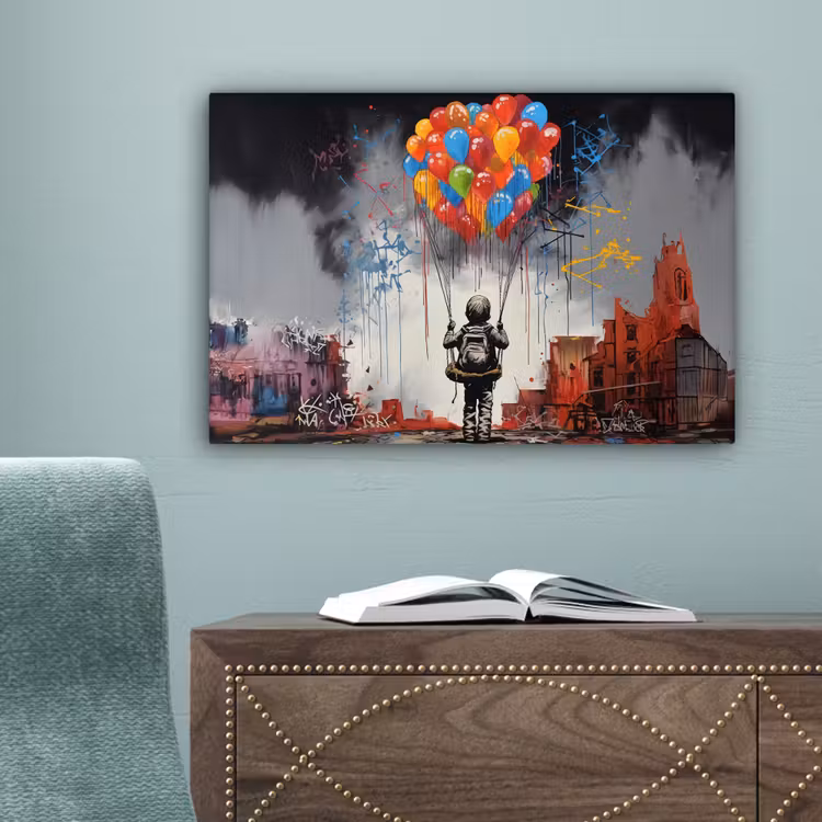 Jongen - Ballonnen - Gebouwen - Kunst canvas 2cm klein -sfeer4