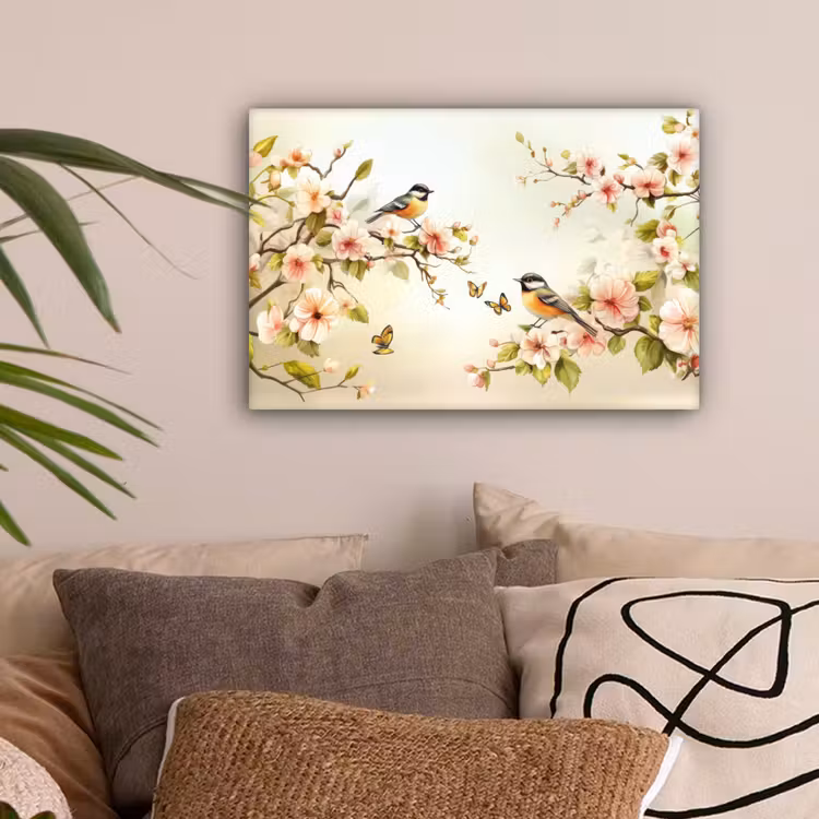 Takken - Bloemen - Vogeltjes - Roze canvas 2cm klein -sfeer1