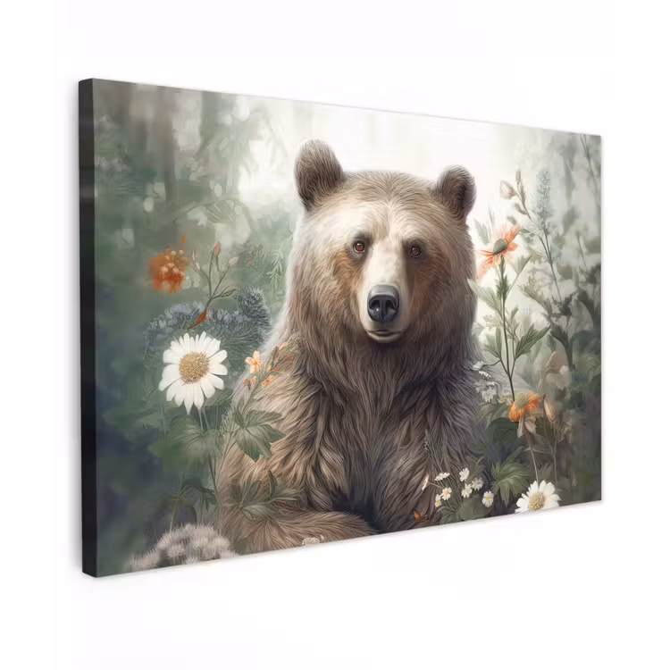 Bruine beer - Wilde dieren - Bloemen - Planten canvas 2cm klein -z3d