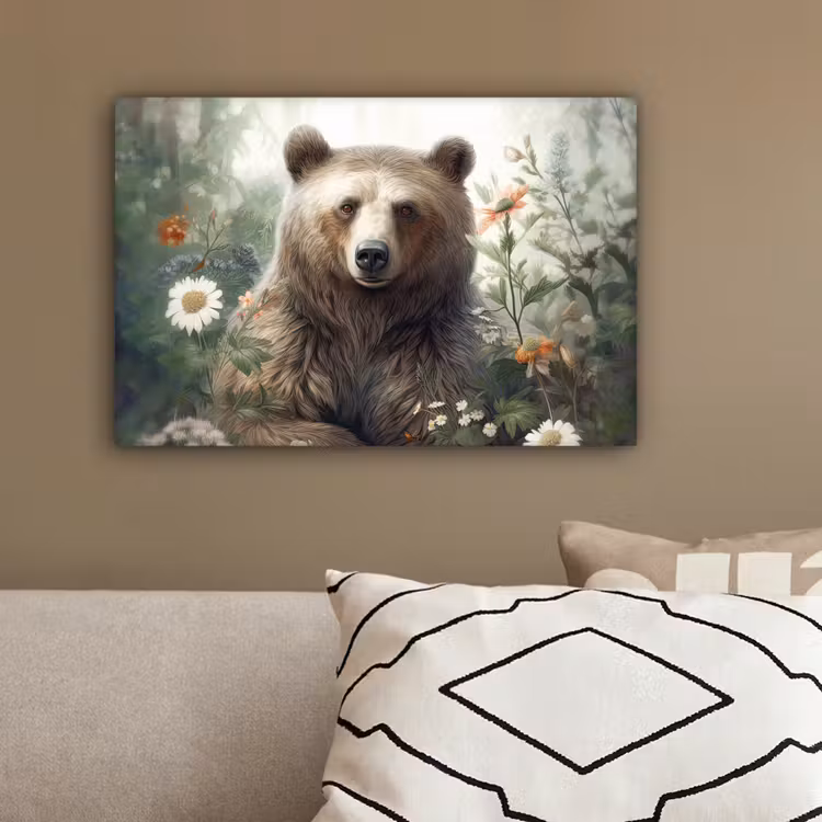 Bruine beer - Wilde dieren - Bloemen - Planten canvas 2cm klein -sfeer3