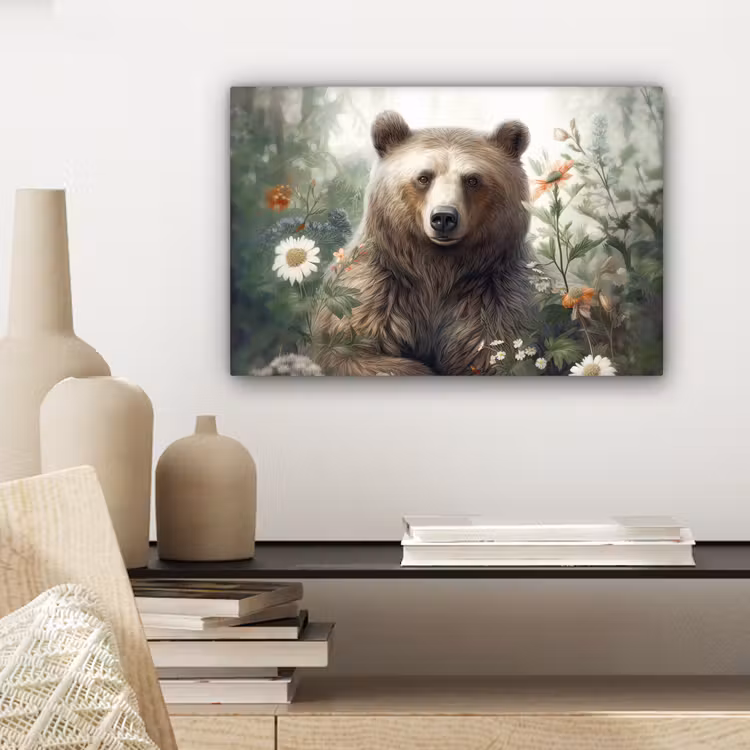 Bruine beer - Wilde dieren - Bloemen - Planten canvas 2cm klein -sfeer6