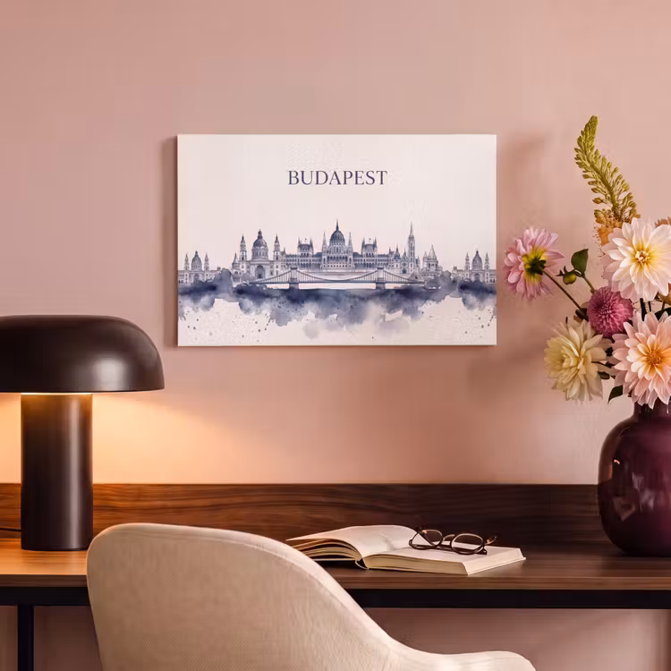 Boedapest - Skyline - Architectuur - Aquarel - Blauw canvas 2cm klein -sfeer4