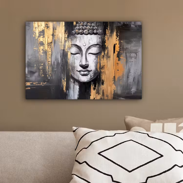 Boedhha - Penseelstreken - Goud - Abstract canvas 2cm klein -sfeer3