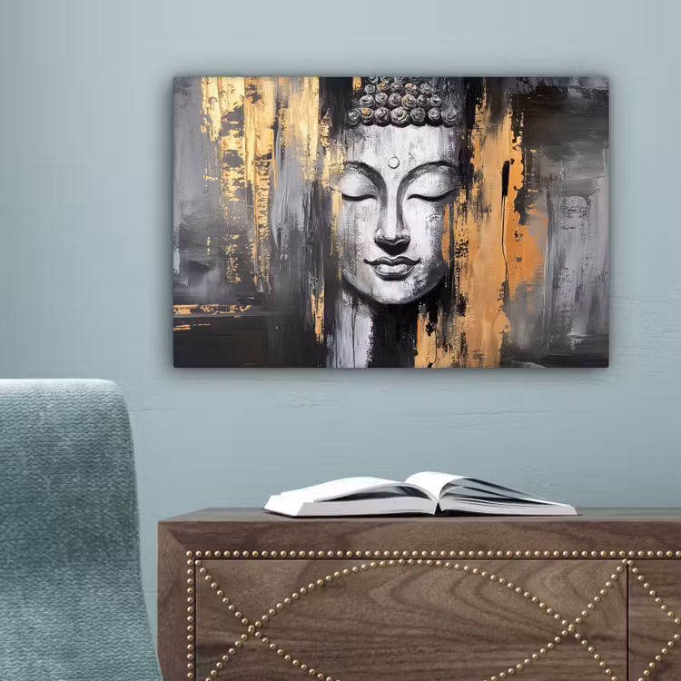 Boedhha - Penseelstreken - Goud - Abstract canvas 2cm klein -sfeer4