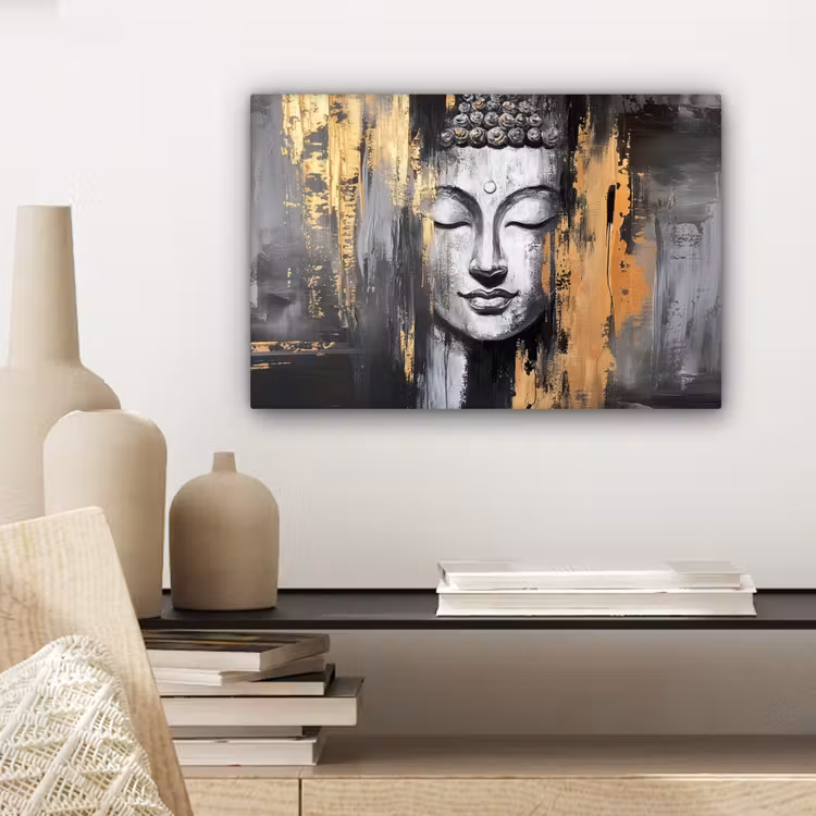Boedhha - Penseelstreken - Goud - Abstract canvas 2cm klein -sfeer6