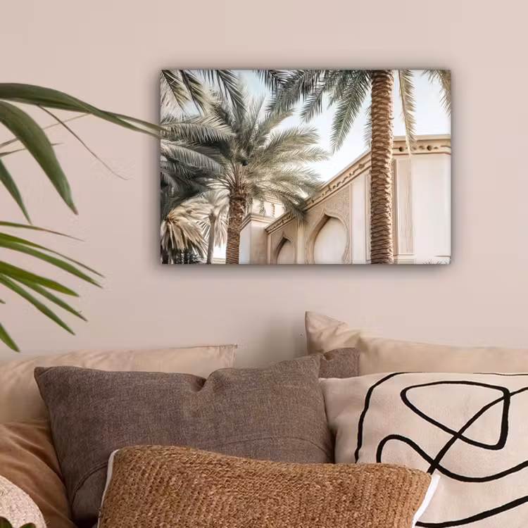Gebouw - Palmbomen - Beige - Zon canvas 2cm klein -sfeer1
