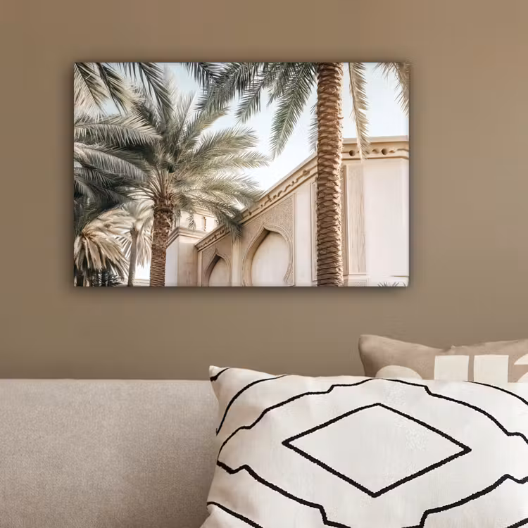 Gebouw - Palmbomen - Beige - Zon canvas 2cm klein -sfeer3