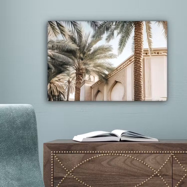 Gebouw - Palmbomen - Beige - Zon canvas 2cm klein -sfeer4