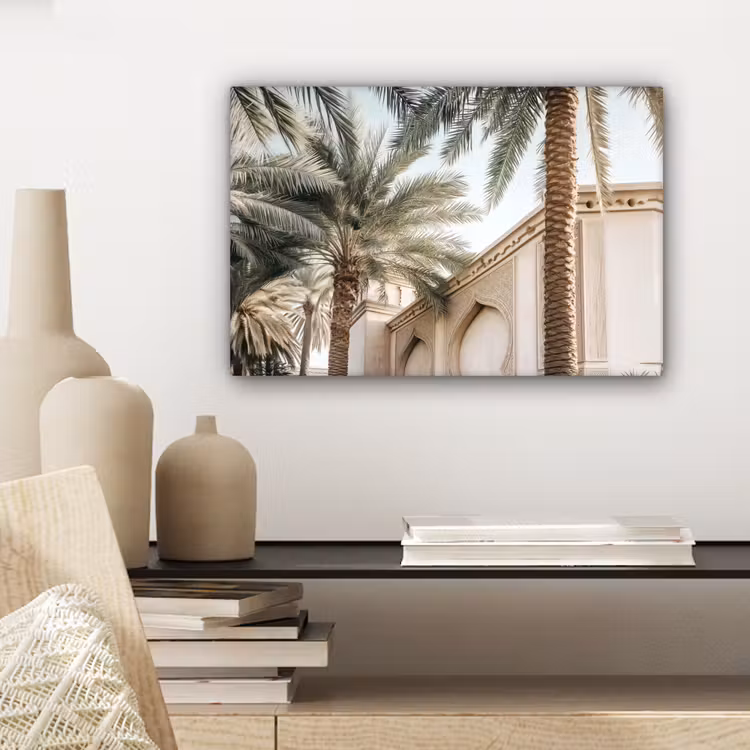Gebouw - Palmbomen - Beige - Zon canvas 2cm klein -sfeer6
