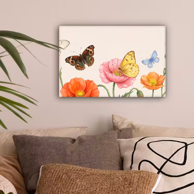 Vlinders - Klaprozen - Illustratie - Kleurrijk canvas 2cm klein -sfeer1
