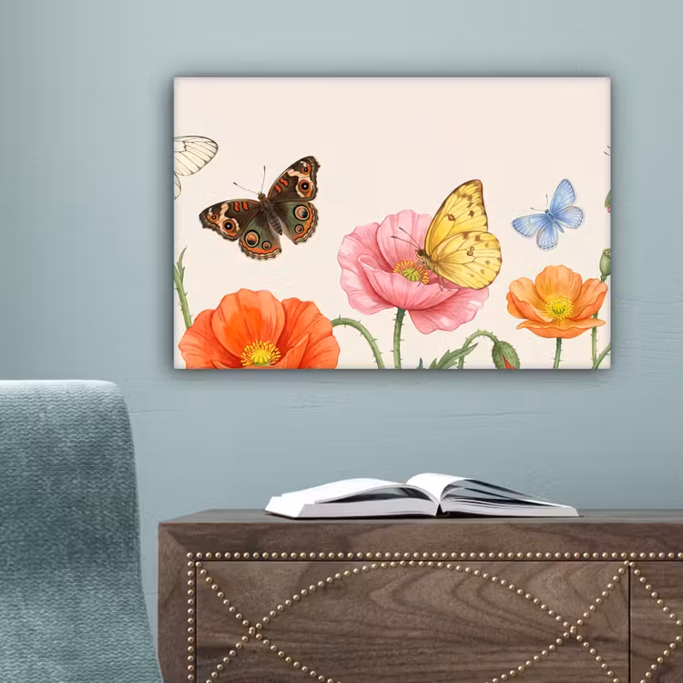 Vlinders - Klaprozen - Illustratie - Kleurrijk canvas 2cm klein -sfeer4