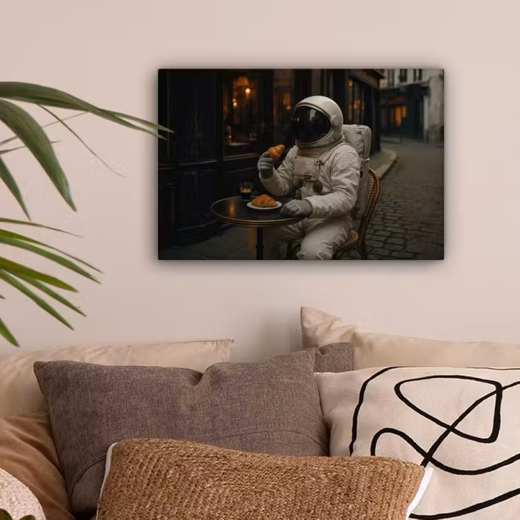 Café - Croissant - Koffie - Astronaut canvas 2cm klein -sfeer1