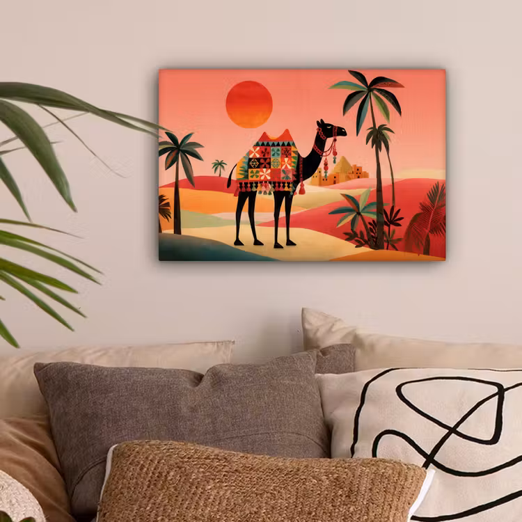 Kameel - Gekleurd tapijt - Duinen - Rode zon canvas 2cm klein -sfeer1