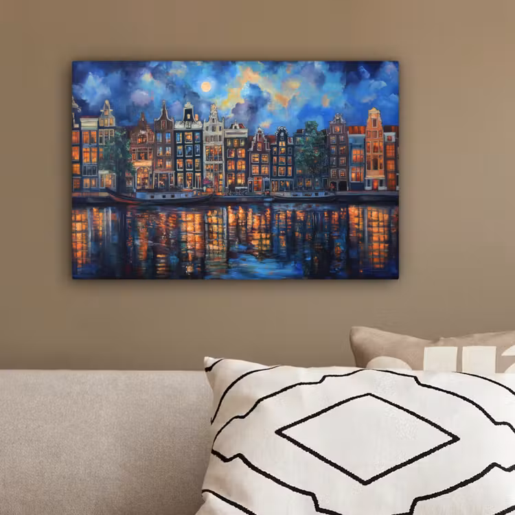 Grachten Amsterdam - Huizen - Stad - Kleurrijk canvas 2cm klein -sfeer3