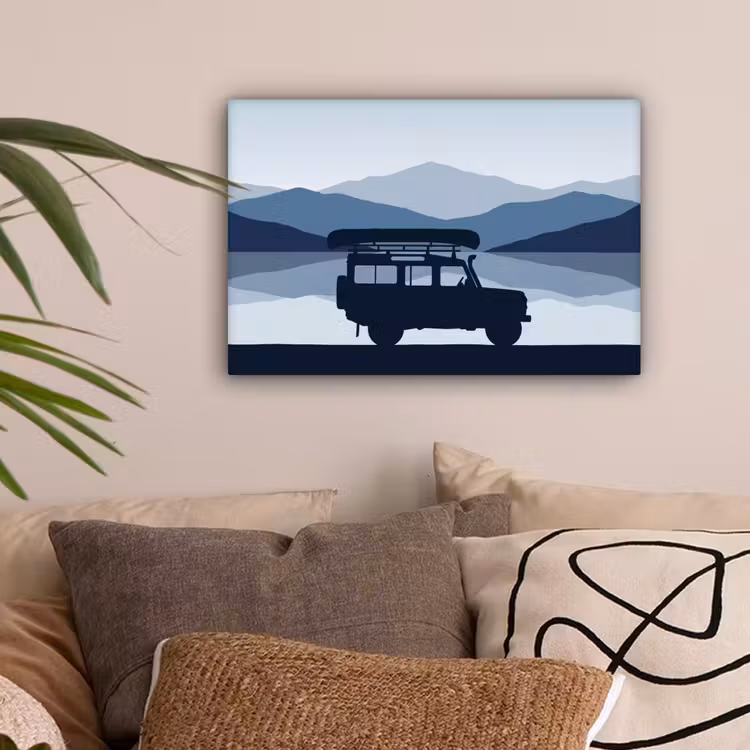 Auto - Meer - Bergen - Blauw canvas 2cm klein -sfeer1
