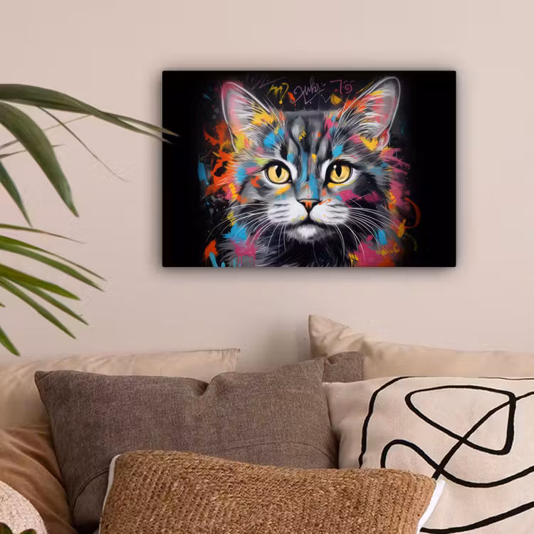 Kat - Graffiti - Dieren - Kleuren - Grijs canvas 2cm klein -sfeer1