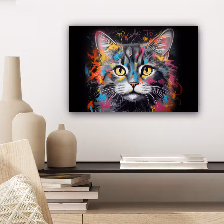 Kat - Graffiti - Dieren - Kleuren - Grijs canvas 2cm klein -sfeer6