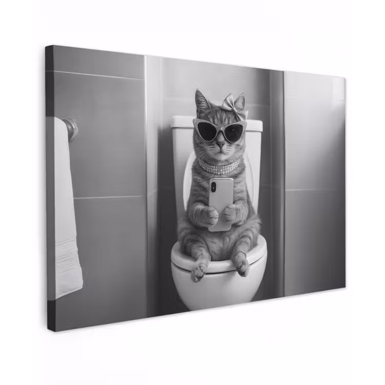 Kat - Telefoon - Toilet - Zwart - Wit canvas 2cm klein -z3d