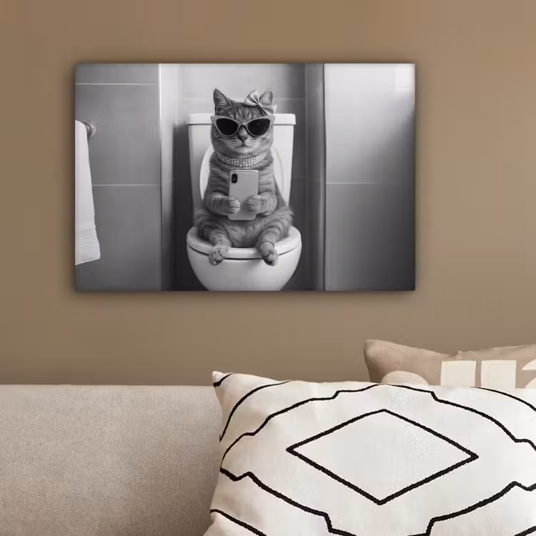 Kat - Telefoon - Toilet - Zwart - Wit canvas 2cm klein -sfeer3
