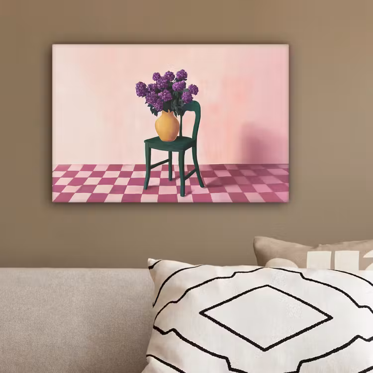 Stoel - Vaas - Bloemen - Geblokt canvas 2cm klein -sfeer3