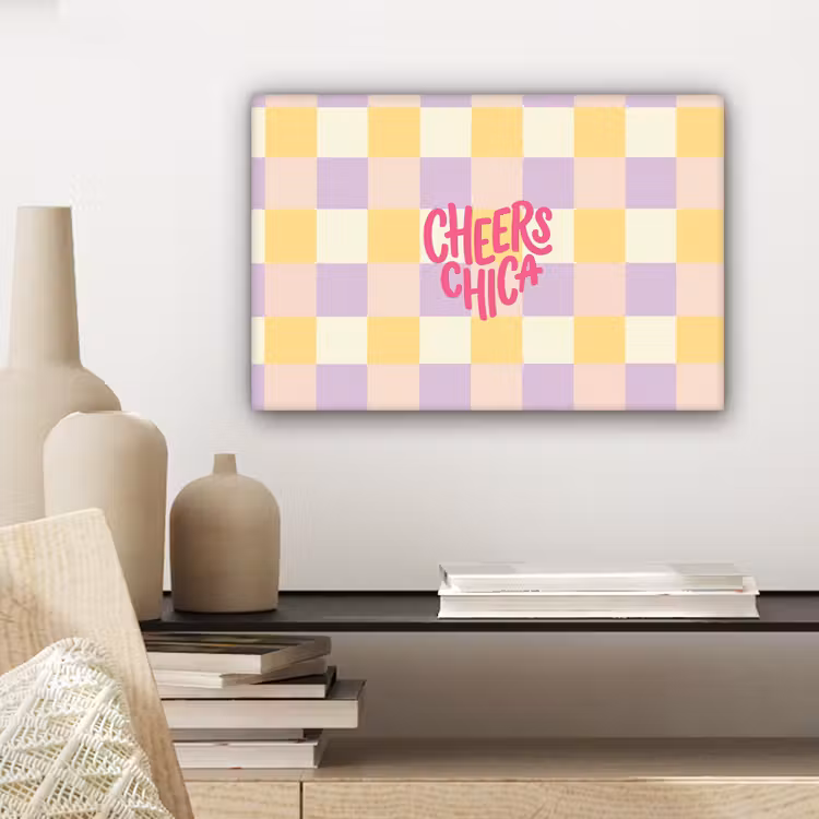 Cheers Chica - Ruitjes - Lila - Geel canvas 2cm klein -sfeer6