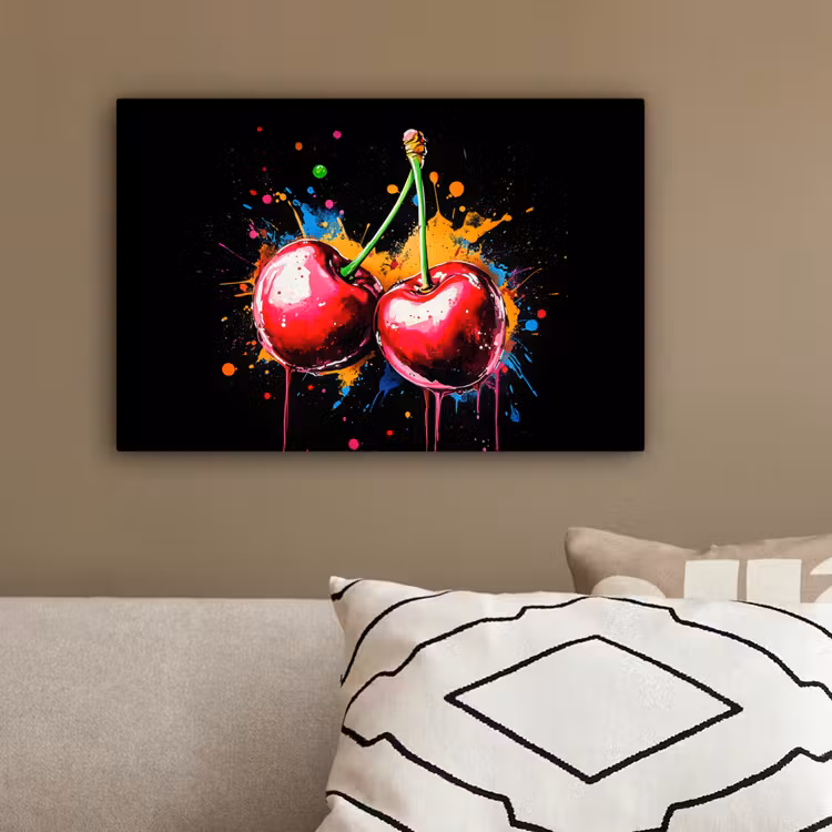 Kersen - Fruit - Graffiti - Verf - Abstract - Modern - Kleurrijk canvas 2cm klein -sfeer3