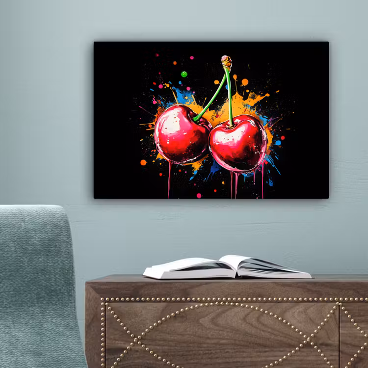 Kersen - Fruit - Graffiti - Verf - Abstract - Modern - Kleurrijk canvas 2cm klein -sfeer4