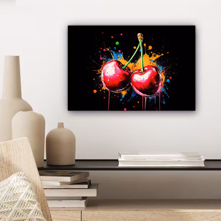 Kersen - Fruit - Graffiti - Verf - Abstract - Modern - Kleurrijk canvas 2cm klein -sfeer6