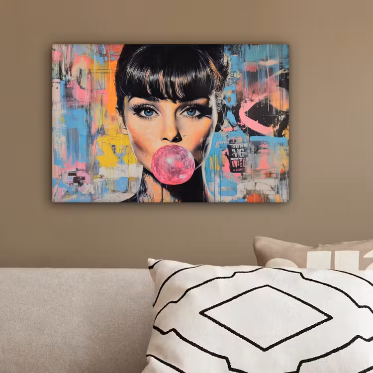 Kauwgom - Vrouw - Penseelstreken - Modern canvas 2cm klein -sfeer3
