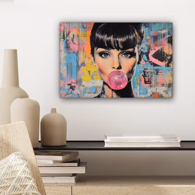 Kauwgom - Vrouw - Penseelstreken - Modern canvas 2cm klein -sfeer6