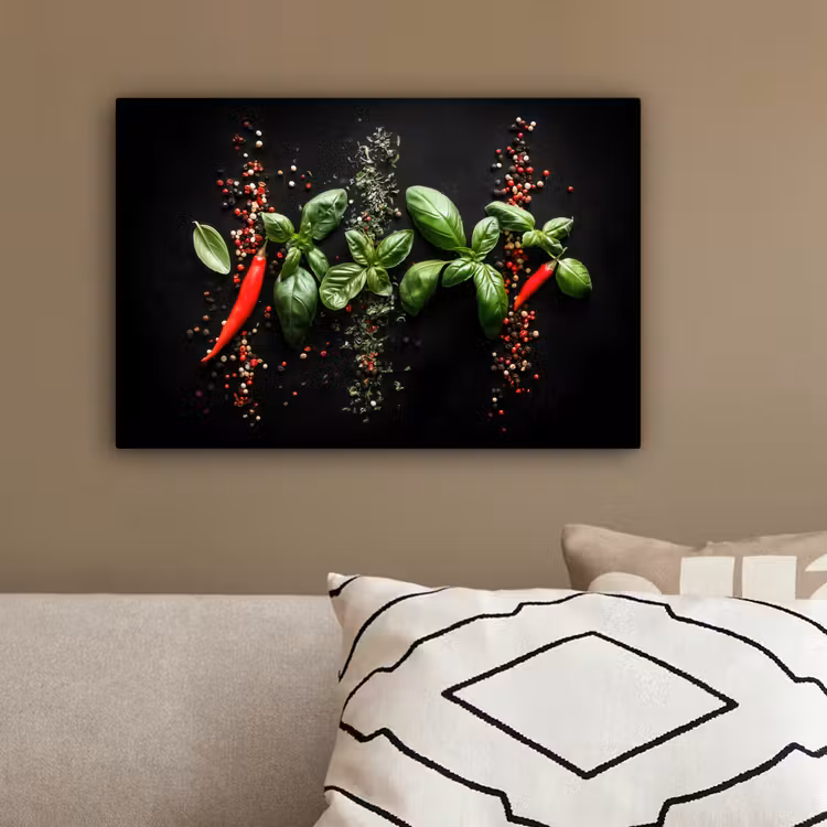 Chilipepers - Basilicum - Blaadjes - Rood canvas 2cm klein -sfeer3