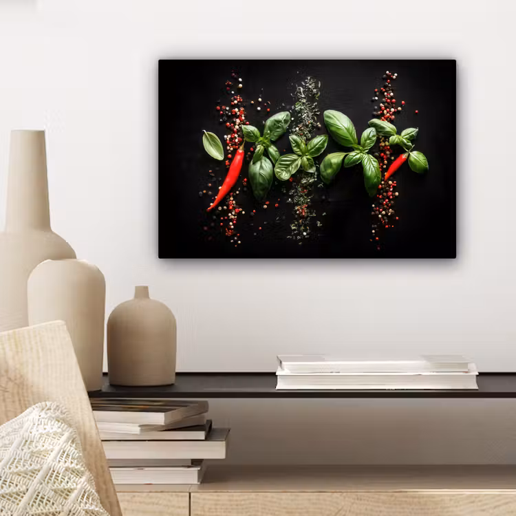 Chilipepers - Basilicum - Blaadjes - Rood canvas 2cm klein -sfeer6