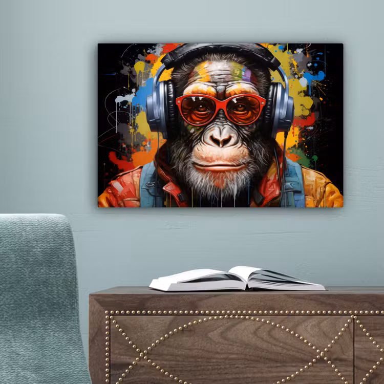 Chimpansee - Aap - dieren - Graffiti - Bril - Koptelefoon - Kleuren canvas 2cm klein -sfeer4