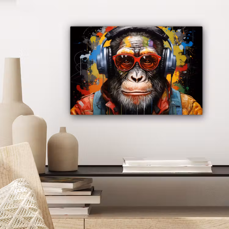 Chimpansee - Aap - dieren - Graffiti - Bril - Koptelefoon - Kleuren canvas 2cm klein -sfeer6