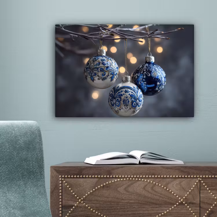 Kerstbal - Versierd - Blauw canvas 2cm klein -sfeer4