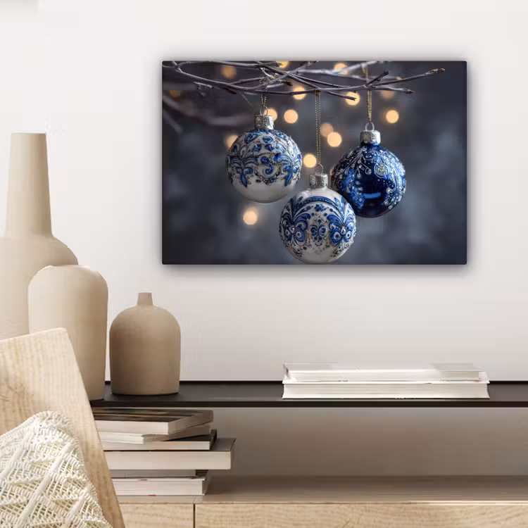 Kerstbal - Versierd - Blauw canvas 2cm klein -sfeer6