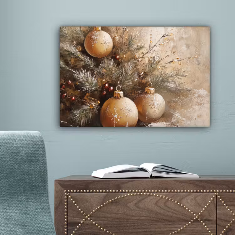Kerst - Kerstballen - Beige - Goud canvas 2cm klein -sfeer4