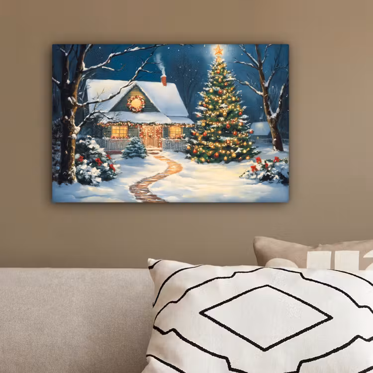 Kerst - Kerstboom - Winter - Huis - Sneeuw canvas 2cm klein -sfeer3