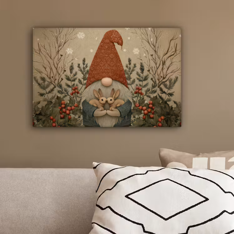 Kerstgnome - Konijntjes - Kleurrijk canvas 2cm klein -sfeer3