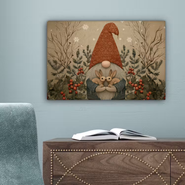 Kerstgnome - Konijntjes - Kleurrijk canvas 2cm klein -sfeer4