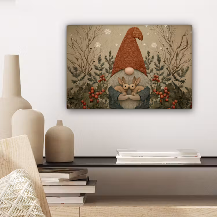 Kerstgnome - Konijntjes - Kleurrijk canvas 2cm klein -sfeer6