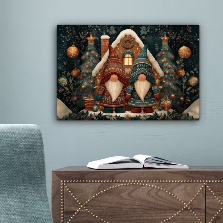 Kerst - Gnomen - Peperkoekhuisje - Rood - Groen canvas 2cm klein -sfeer4