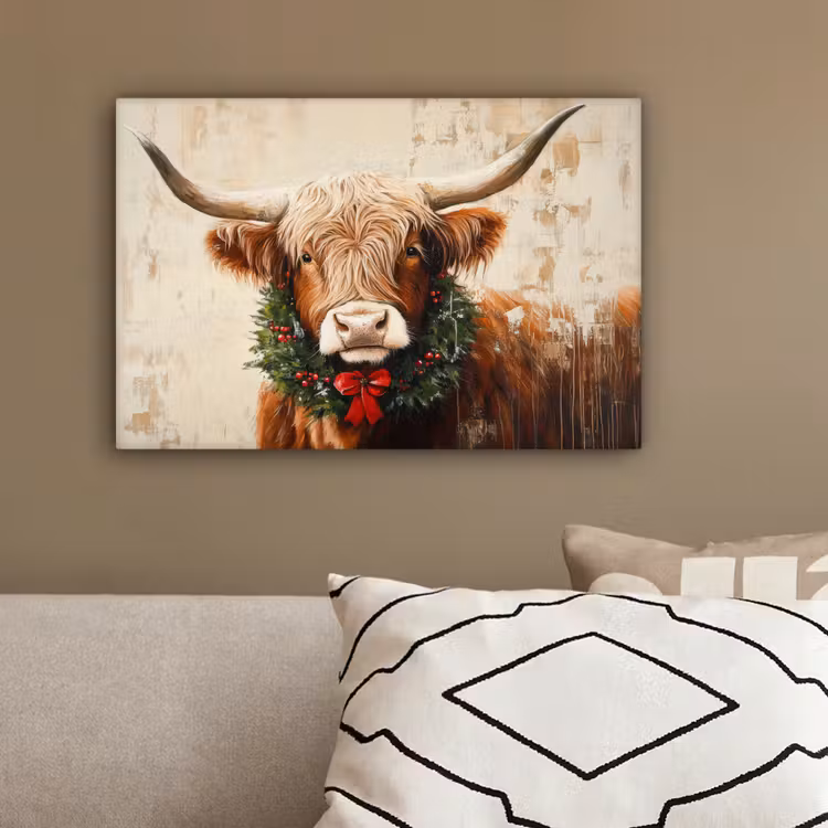 Kerst - Schotse Hooglander - Bruin - Krans canvas 2cm klein -sfeer3