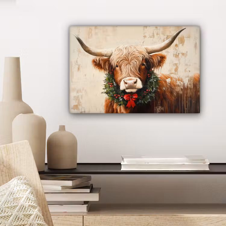 Kerst - Schotse Hooglander - Bruin - Krans canvas 2cm klein -sfeer6