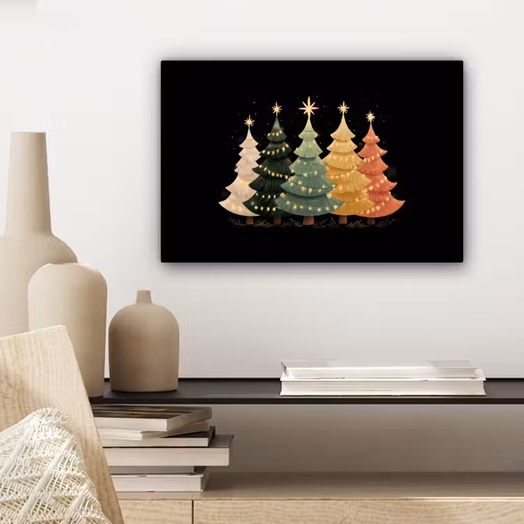 Kerstbomen - Kleurrijk - Lichtjes - Ster canvas 2cm klein -sfeer6