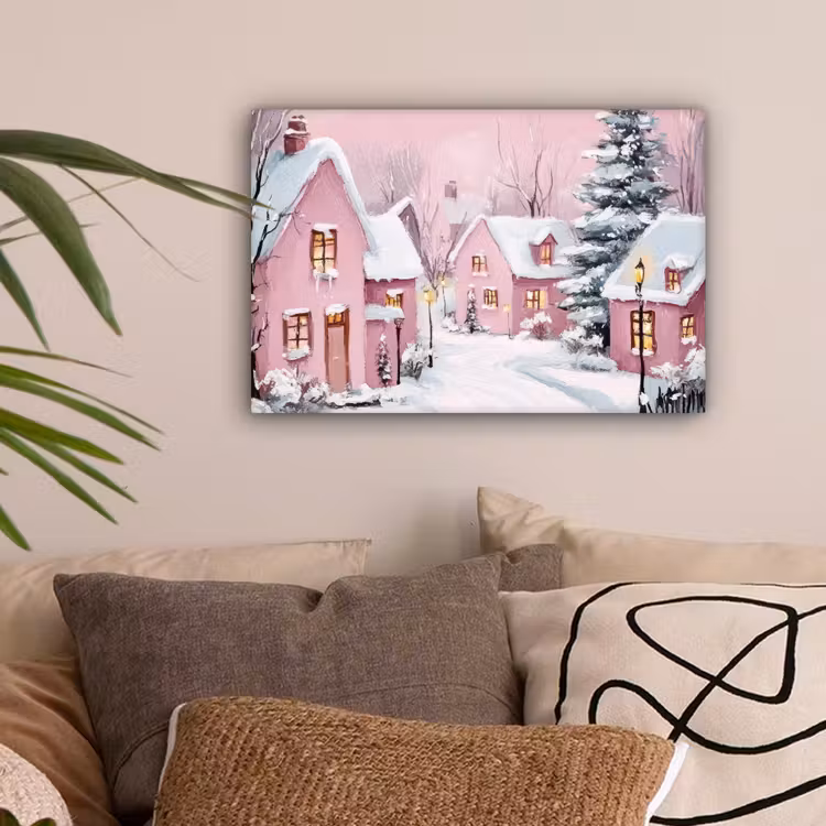 Kerstdorp - Roze - Winter - Sneeuw - Huizen canvas 2cm klein -sfeer1