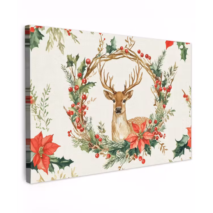Kerstkrans - Hert - Hulst - Rood canvas 2cm klein -z3d