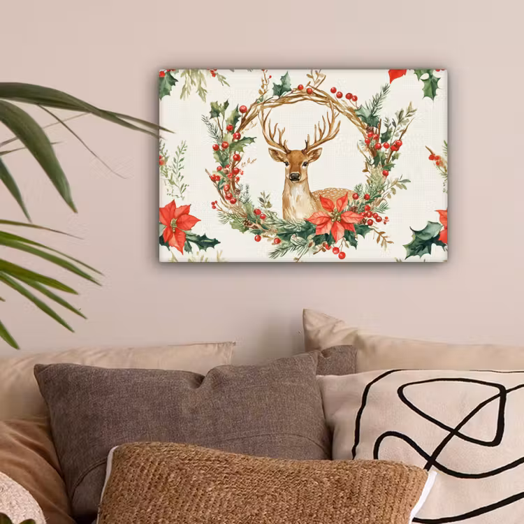 Kerstkrans - Hert - Hulst - Rood canvas 2cm klein -sfeer1