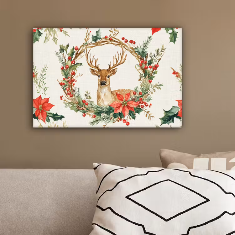Kerstkrans - Hert - Hulst - Rood canvas 2cm klein -sfeer3